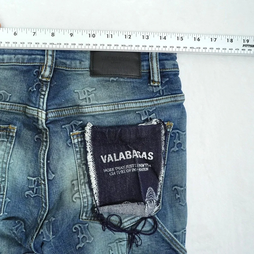 Valabasas Mens Monogram Embossed Carpenter Stacked Flare Jeans Blue Size 30